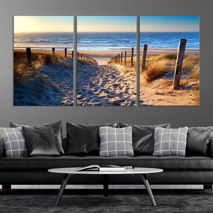 Tropical Beach Sunset Canvas Art, Ocean Waves and Sandy Shoreline Wall Art, Large Beach Decor for Coastal Homes