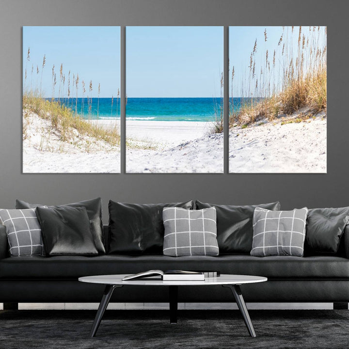 Serene Coastal Dune Path with Ocean View, 3-Panel Beach Canvas Art; tranquil seascape for coastal decor.