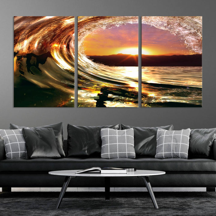 The Golden Wave Sunset Triptych Canvas Art showcases an ocean wave at sunset, casting warm light.