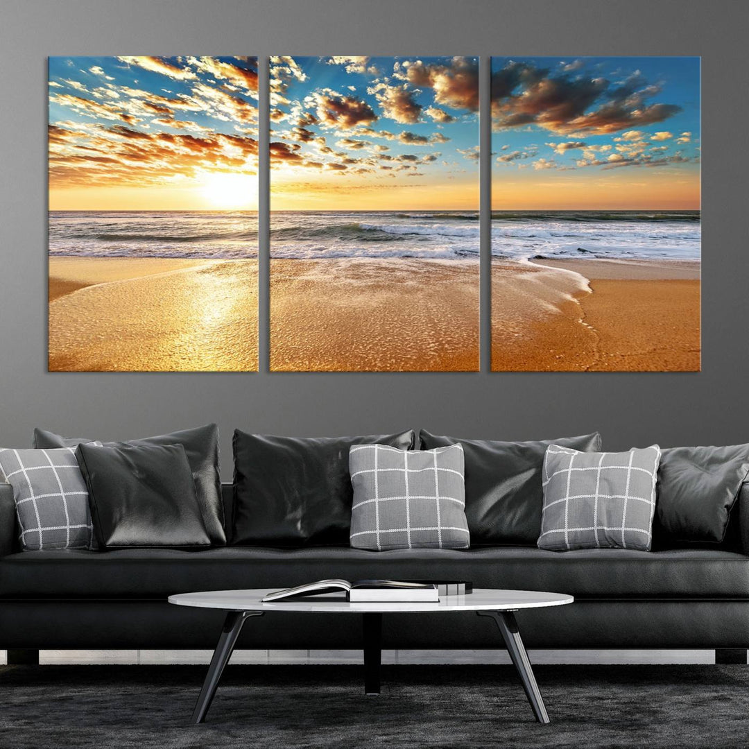 A Golden Sunset Beach giclee triptych canvas hangs prominently.