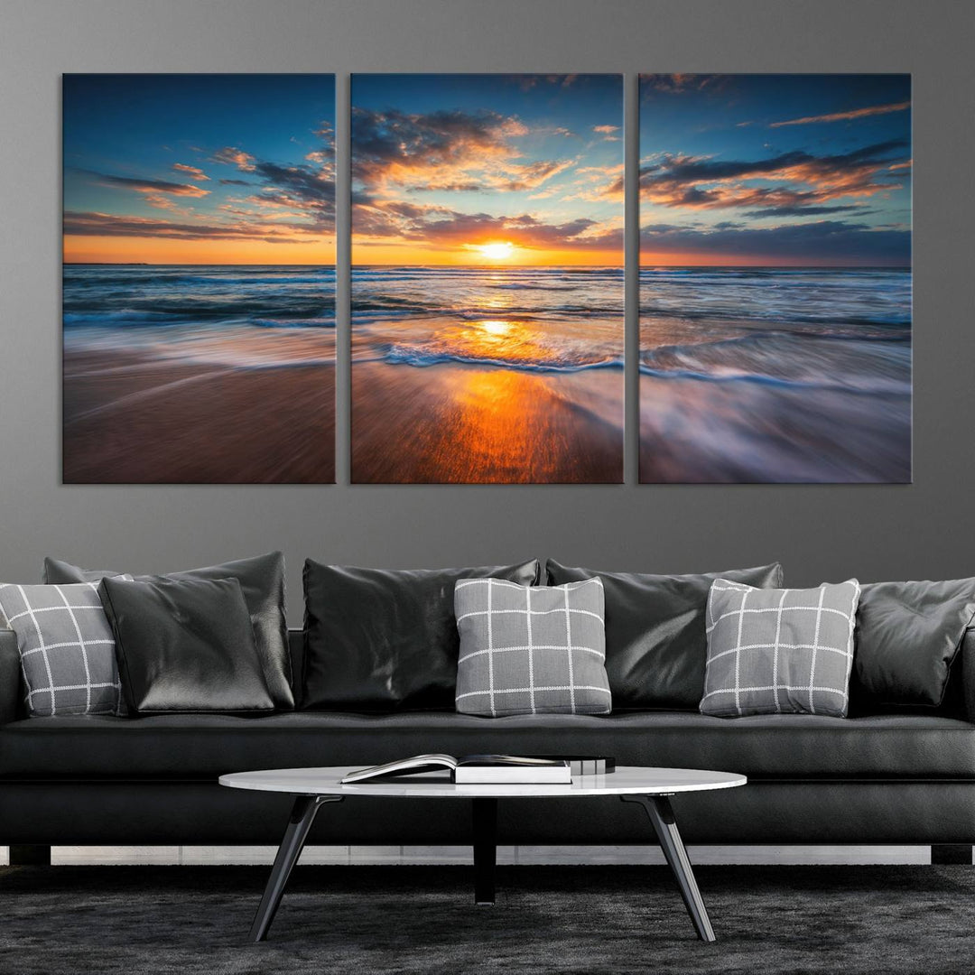 The Sunset on the Ocean canvas adds coastal ambiance to the wooden wall.