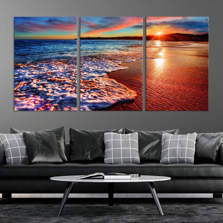 The Colorful Coastal Sunset on the Beach canvas print portrays ocean waves at dusk.