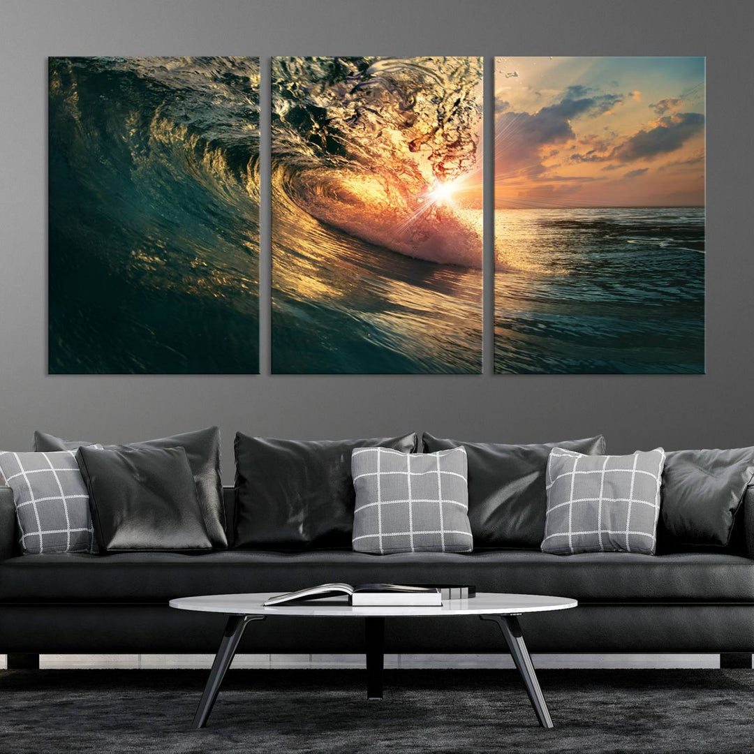 A triptych seascape titled Ocean Wave Sunset Canvas, featuring a stunning ocean view at sunset, is beautifully framed and ready to hang.