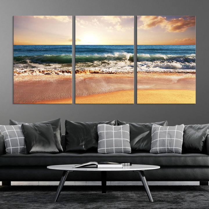 The wall features a Canon-quality Serene Beach Path canvas giclee print, depicting coastal dunes.