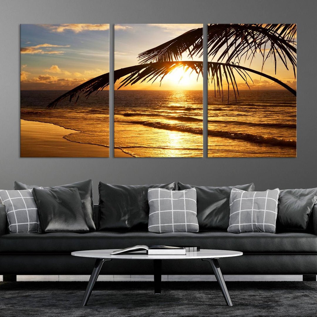 Golden Tropical Beach Sunset Canvas Triptych: Coastal Palm Art & Giclee Print with Gallery Wrap, capturing golden waves.