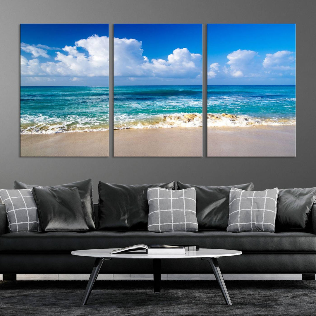 Tropical Beach 3-Panel Canvas Wall Art – Serene Ocean Waves and Blue Sky – Giclée Print for Living Room, Office, or Bedroom Coastal Decor