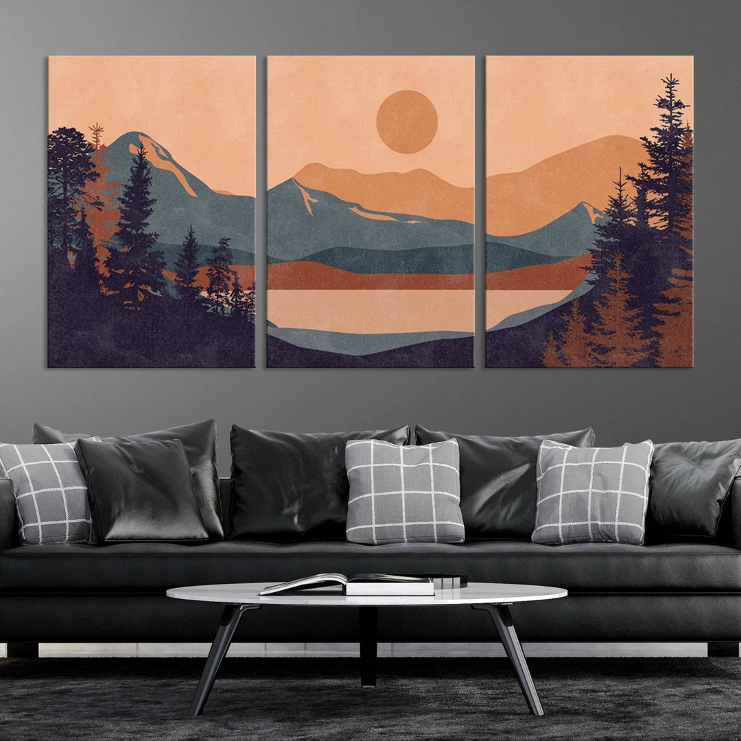 Modern Boho Sunset Mountain Landscape Triptych – Giclée Canvas Art Print for Living Room, Bohemian Decor, Ready to Hang