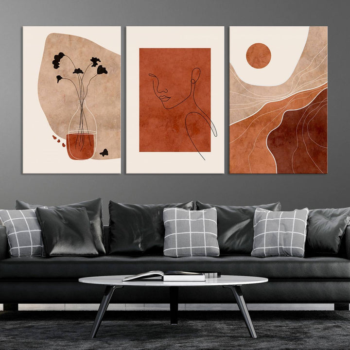 Conjunto de impresión de lienzo enmarcado de arte de pared boho - Impresiones modernas de mediados de siglo - Impresiones de obras de arte de pared de decoración boho - Decoración del hogar neutral boho