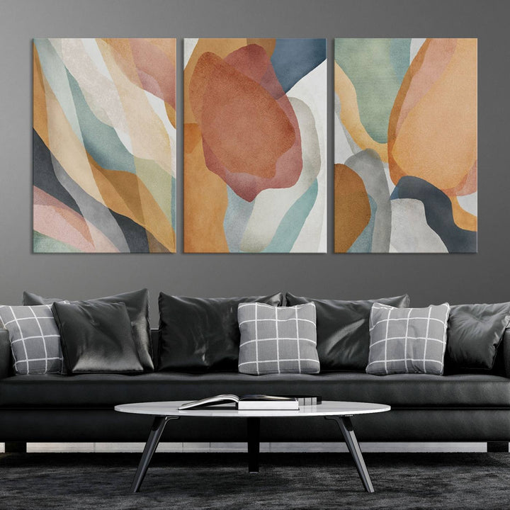 Boho Wall Art Canvas Print Set with warm earthy tones hangs prominently, showcasing its vibrant design.