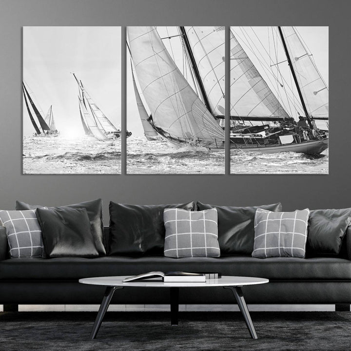 Yacht Sailboat Regatta canvas print on a textured wooden wall.