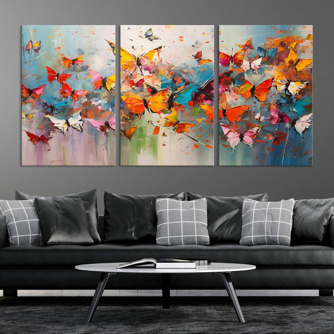 The Abstract Butterfly Wall Art Canvas Print hangs prominently, adding a touch of elegance and creativity to the room.