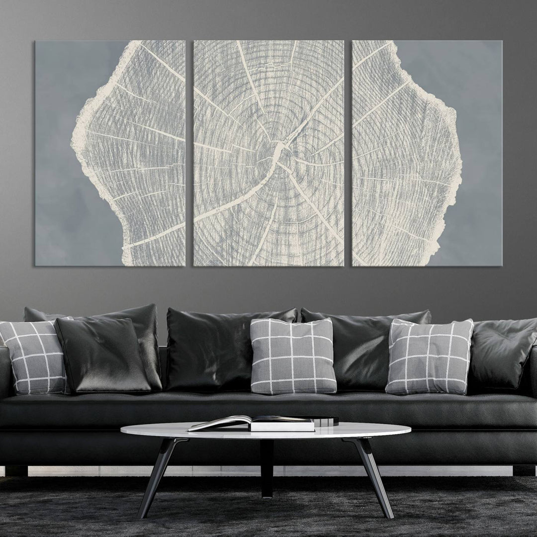 A gray wall displays the Abstract Tree Ring Wall Art print.