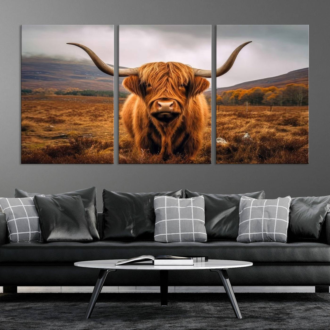 Highland Cow Longhorn Canvas Print, framed, on a wooden wall.