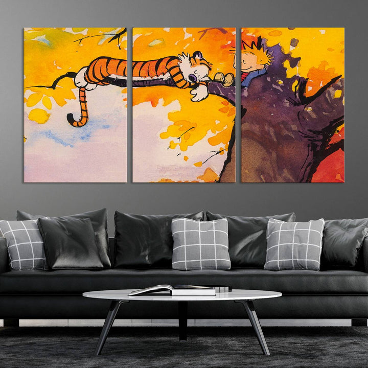 Premium canvas Calvin Wall Arts featuring a boy and tiger relaxing on a branch.