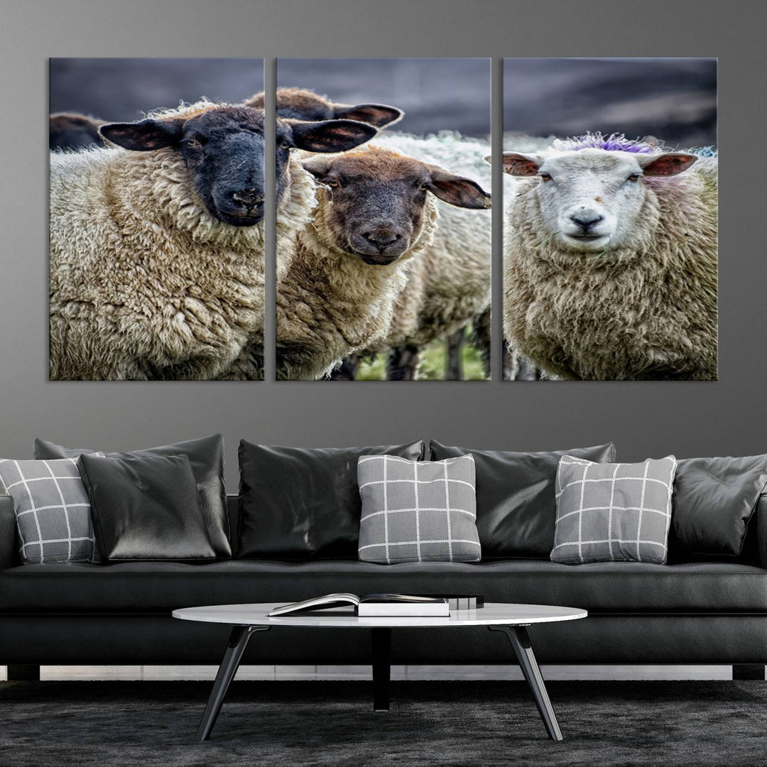 The Charming Sheep Portrait Wall Art hangs on a wooden wall.