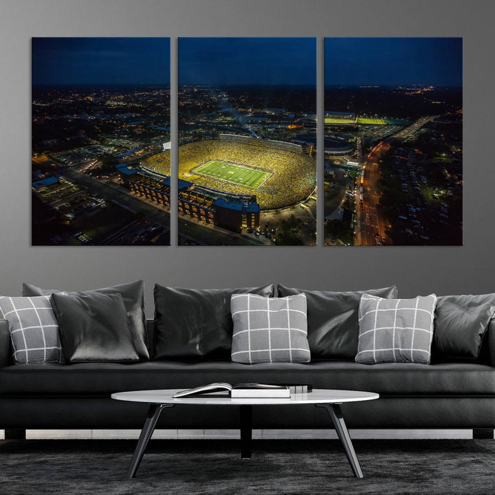 Aerial view of Michigan Stadium nightlife on canvas – Framed, ready-to-hang sports arena wall art.