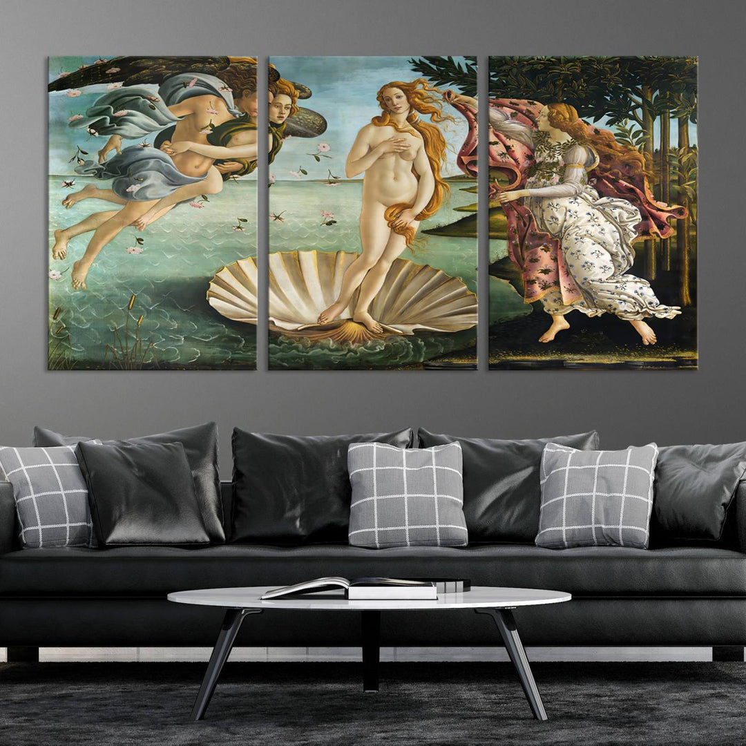 A canvas print of Botticellis The Birth of Venus is displayed on the wall.