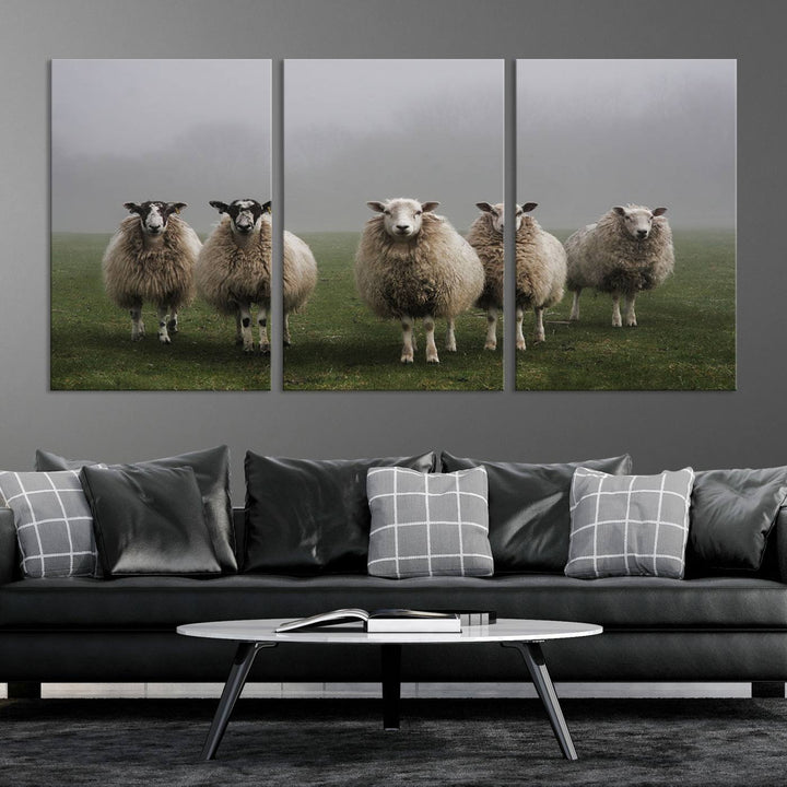 The Flock of Sheep in a Mystical Fog canvas print is framed and ready to hang.