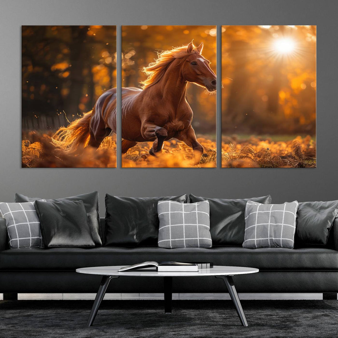 The Running Horse Sunset Forest Wall Art Canvas Print showcases a gallop in an autumn forest with sunlight streaming through the trees.