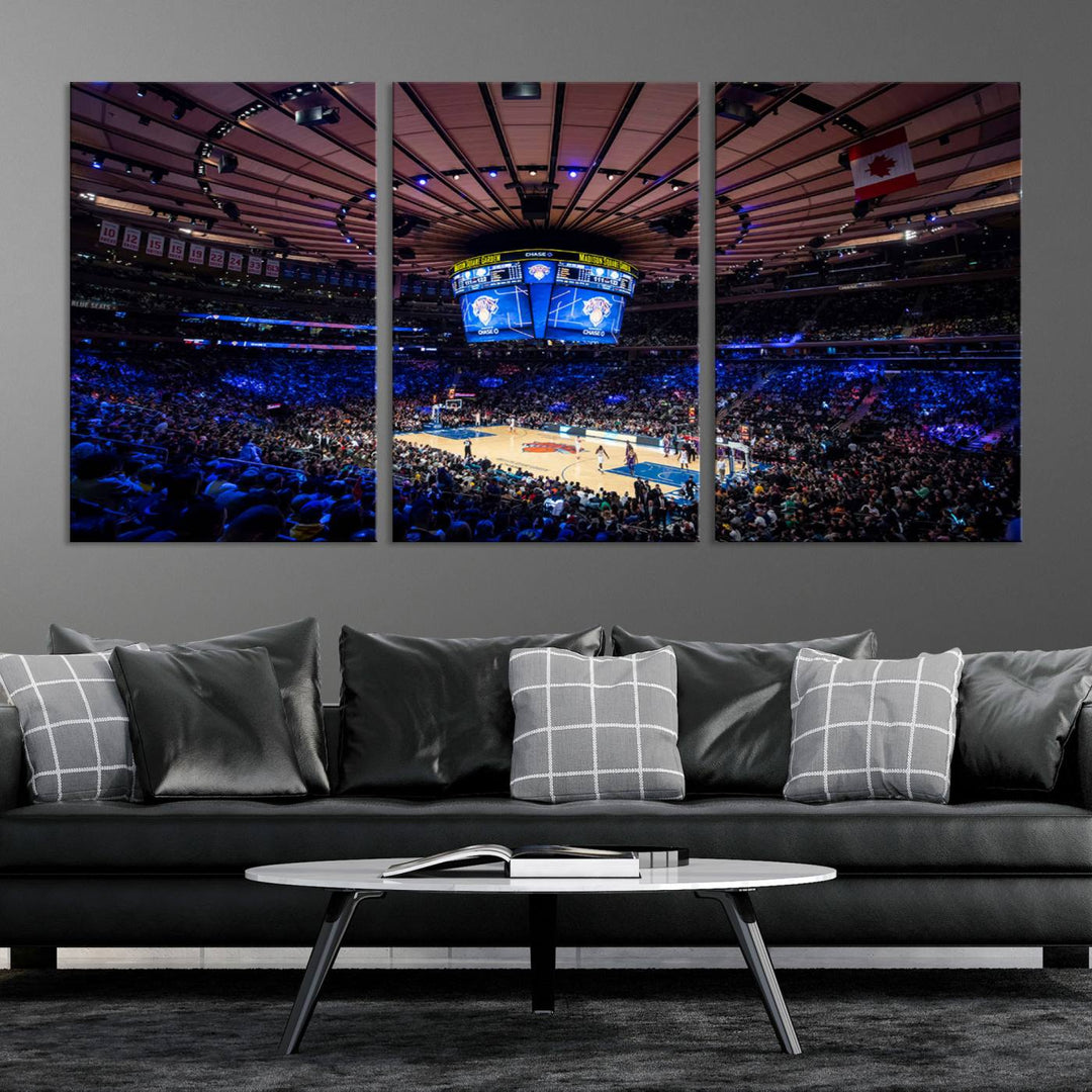 A print depicting an NBA game at Madison Square Garden, highlighting the scoreboard.