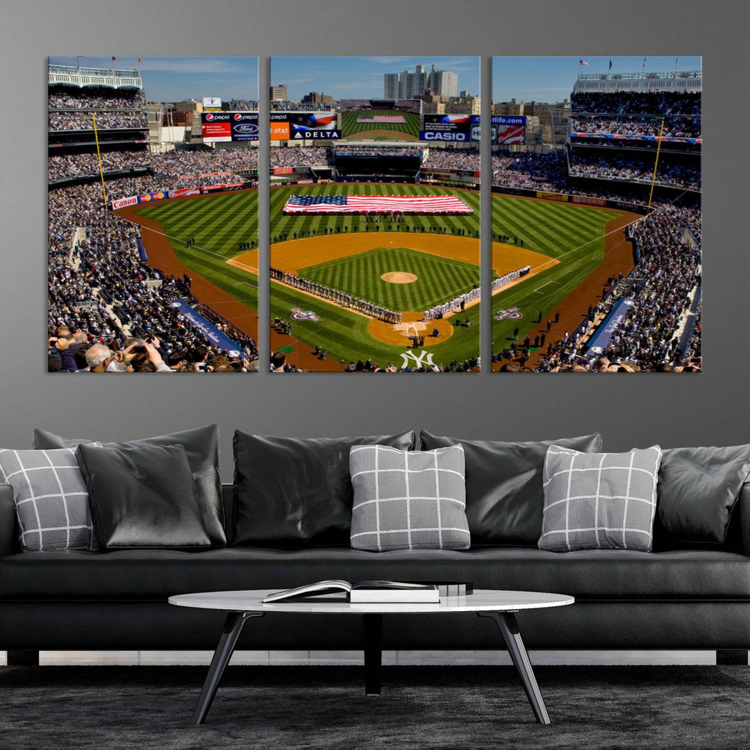 The Yankee Stadium New York wall art print features a vibrant scene of baseball fans with a large flag and players, expertly capturing the spirit of the game. This ready-to-hang décor is perfect for adding a dynamic touch to any space.