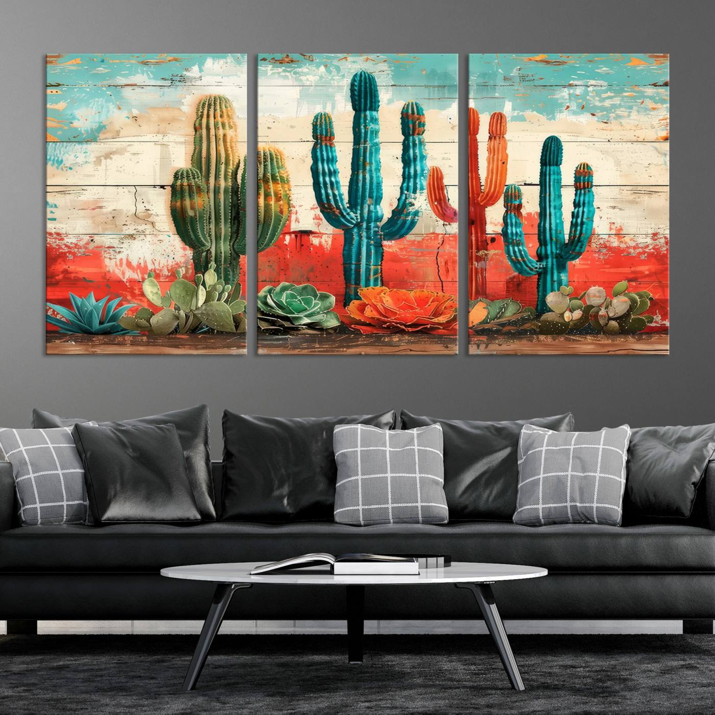 A vivid southwestern-style artwork featuring an eclectic mix of cacti and succulents painted against a textured, rustic wood backdrop in rich turquoise, red, and orange hues.