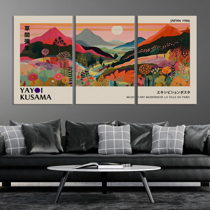 The Yayoi Kusama Landscape Print features vibrant floral mountains with abstract designs, ideal for modern decor.