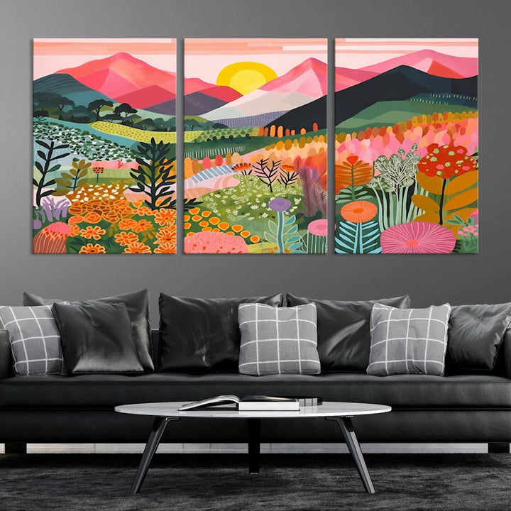 Vibrant abstract landscape canvas: Yayoi Kusama 1986 wall art print featuring mountains, sun, and flowers. Ready-to-hang.