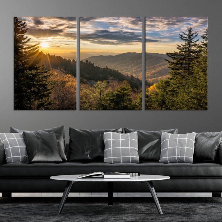 The dining area is beautifully decorated with the Sunrise Over the Smoky Mountains Canvas Wall Art – a breathtaking scenic landscape photography in a stunning triptych that's ready to hang.