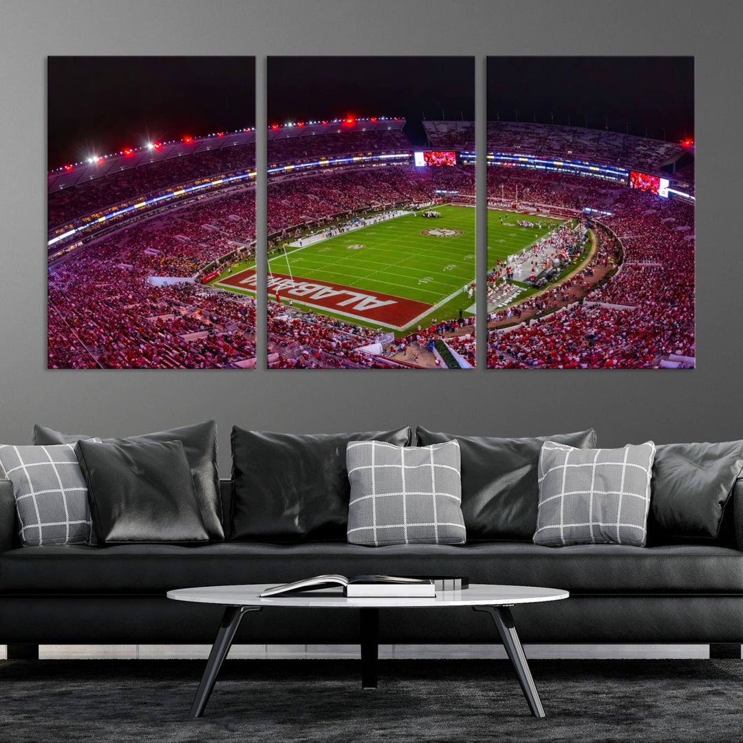 A stunning triptych canvas wall art of the Bryant-Denny Stadium Night Game perfectly captures the energy and excitement of an Alabama Crimson Tide football match at night.