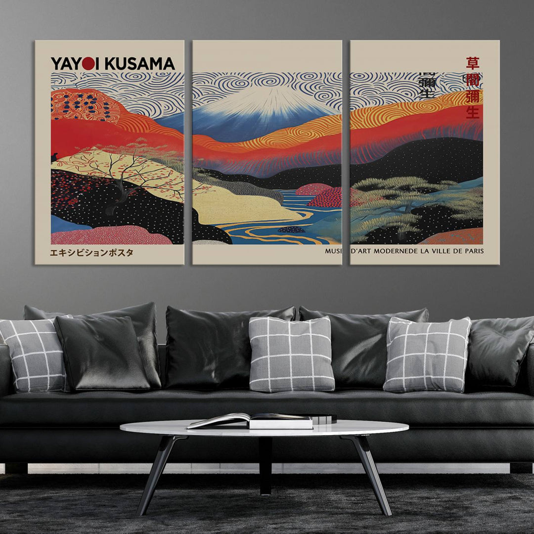 A framed Yayoi Kusama 1986 wall art print, showcasing vibrant abstract landscapes with a Wabi Sabi influence, is prominently displayed as a Japanese wall art piece.