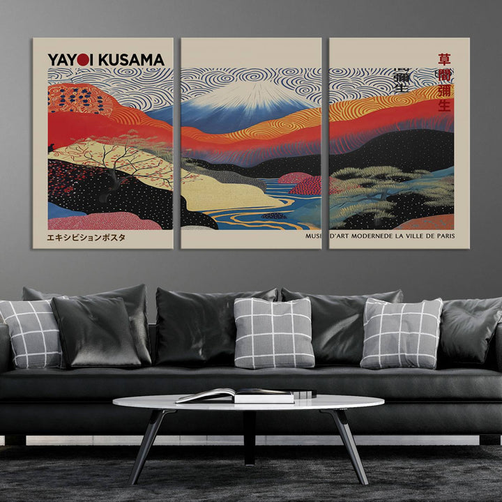 A framed Yayoi Kusama 1986 wall art print, showcasing vibrant abstract landscapes with a Wabi Sabi influence, is prominently displayed as a Japanese wall art piece.