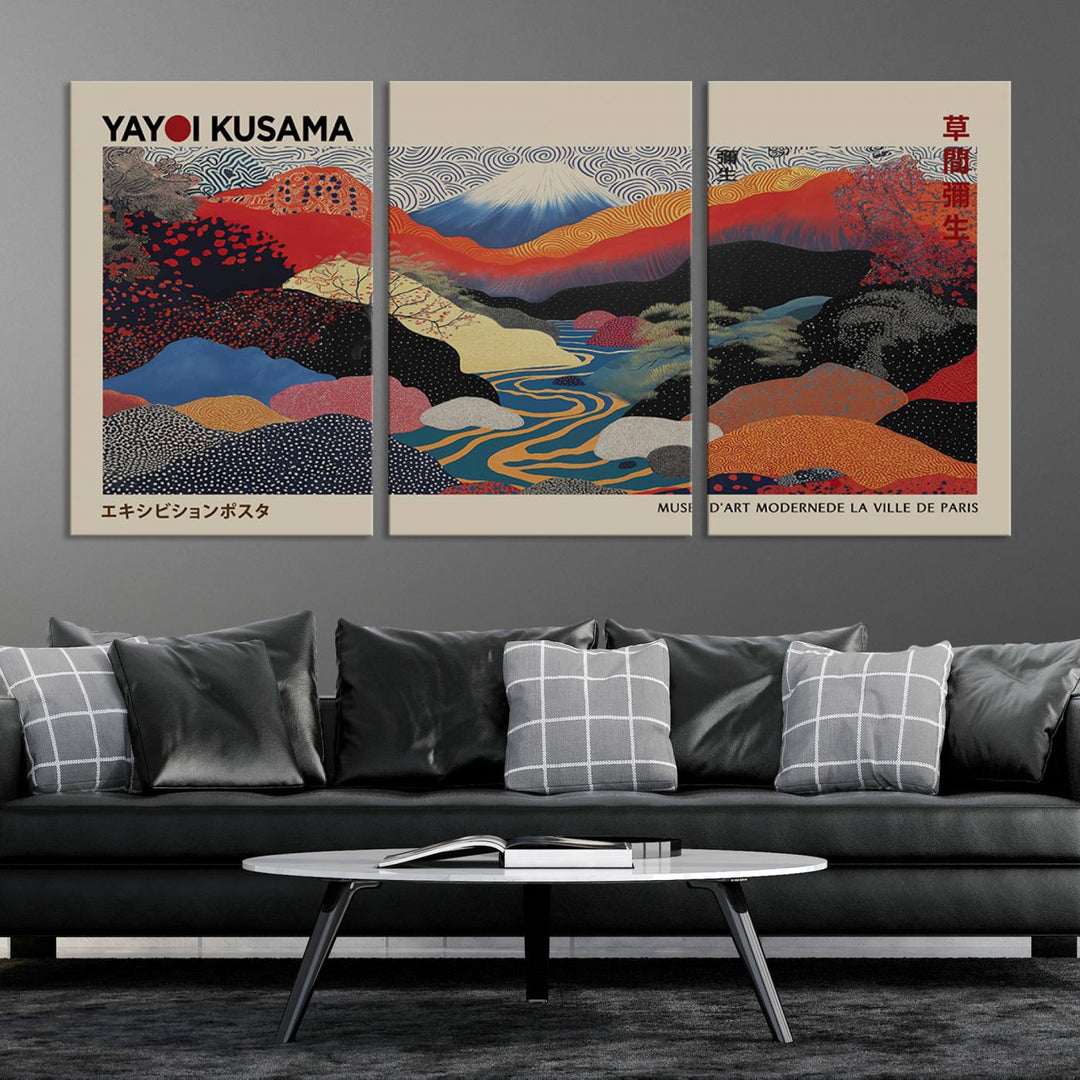 The room showcases Kusamas 1986 vibrant abstract landscape wall art print.