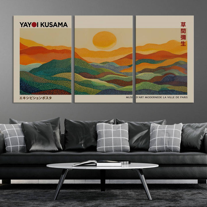 The vibrant abstract landscape depicted in the three-panel "Framed Yayoi Kusama 1986 Wall Art Print" seamlessly integrates nature-inspired décor.