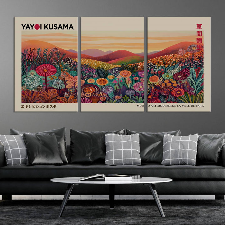 The room is adorned with a triptych artwork depicting colorful flowers and hills, incorporating the "Framed Yayoi Kusama 1986 Wall Art Print" – a vibrant abstract landscape canvas print that blends Japanese Wabi Sabi themes into contemporary nature-inspired décor.