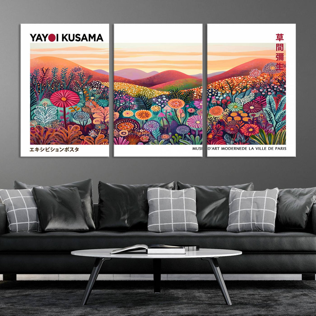 A Framed Yayoi Kusama 1986 Wall Art Print, showcasing a vibrant abstract landscape with flowers and reflecting the Wabi Sabi style, is displayed.