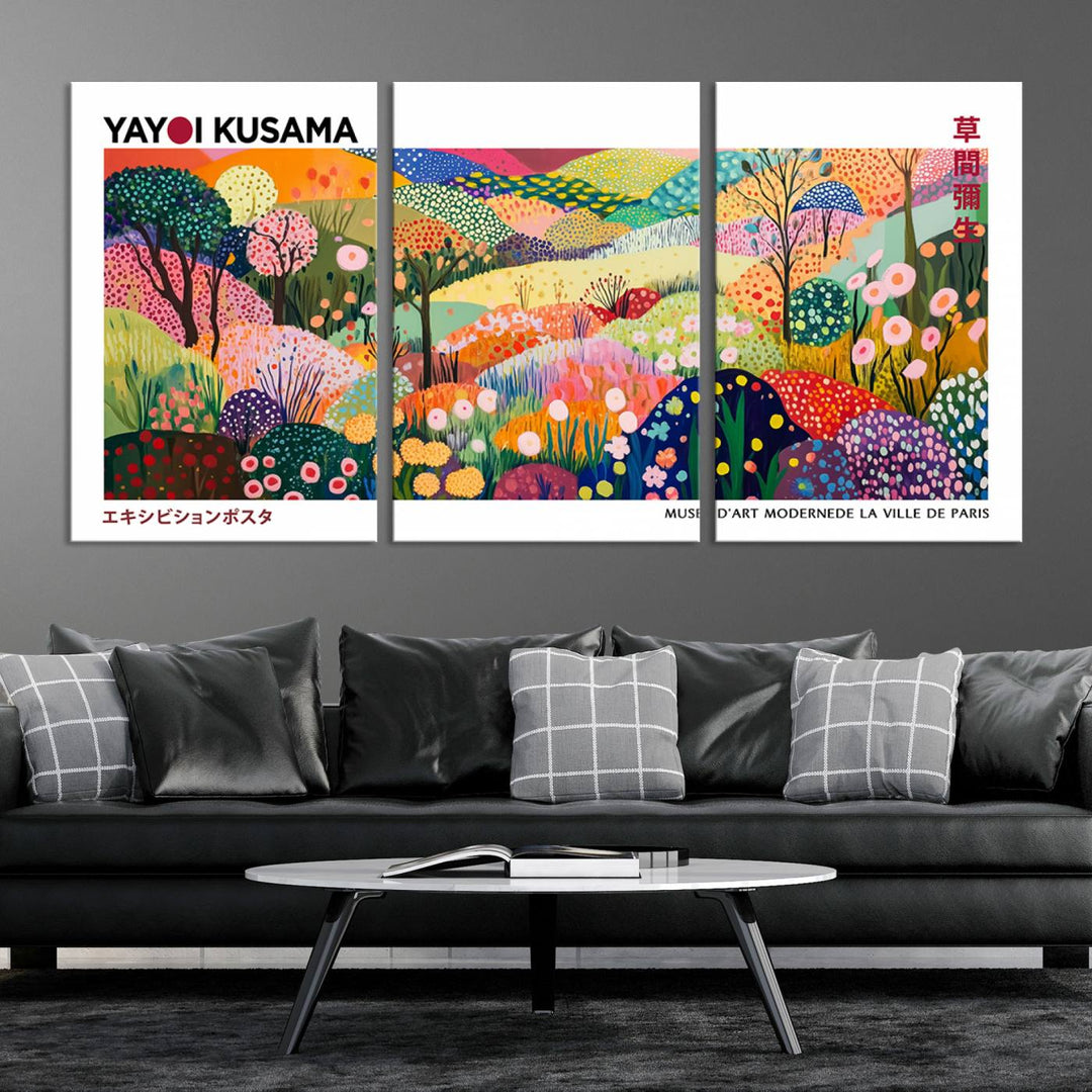 Three vibrant, abstract Yayoi Kusama wall art prints adorn a black wall, creating a perfect blend of contemporary décor.