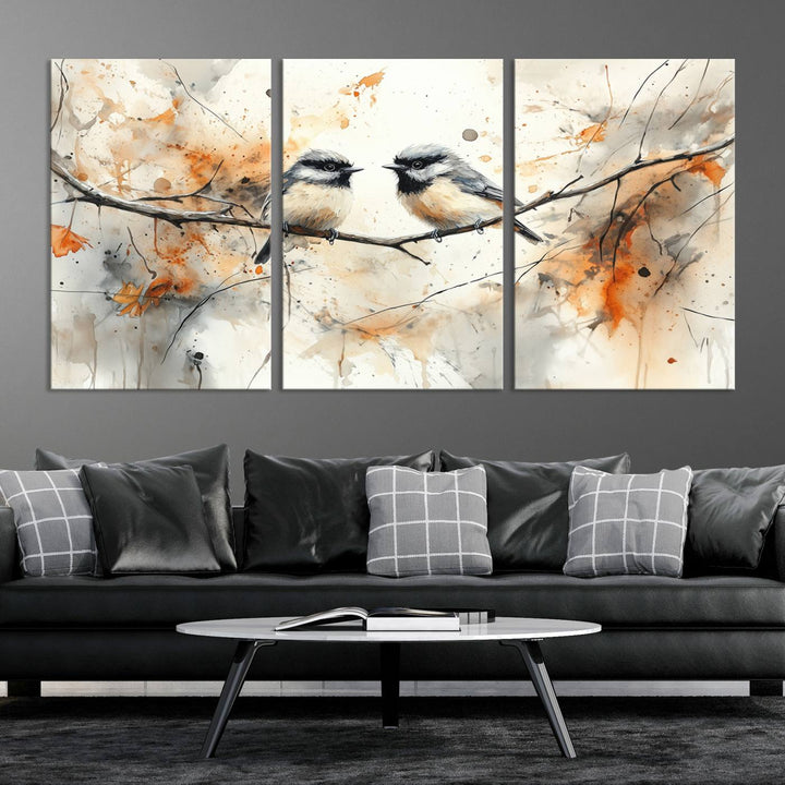 Abstract Watercolor Chickadee Bird Canvas Wall Art Print - Large Bird and Branch Wall Art, Modern Wildlife Wall Decor
