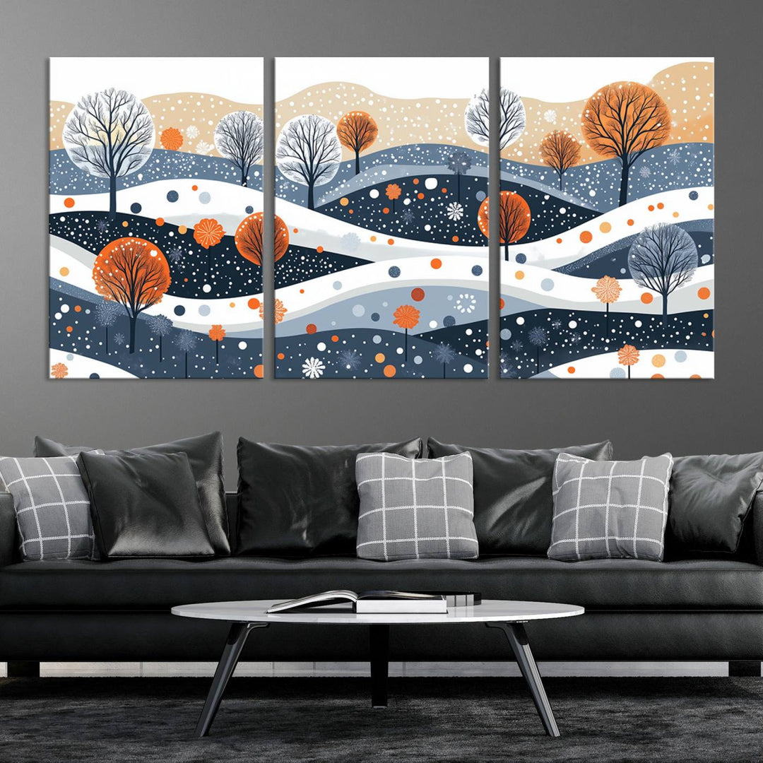 The "Abstract Winter Landscape Canvas Wall Art Print," featuring a triptych of landscapes with trees and hills in vibrant orange, white, and blue hues, adds a gallery-quality finish that transforms the space into an art lover's dream.