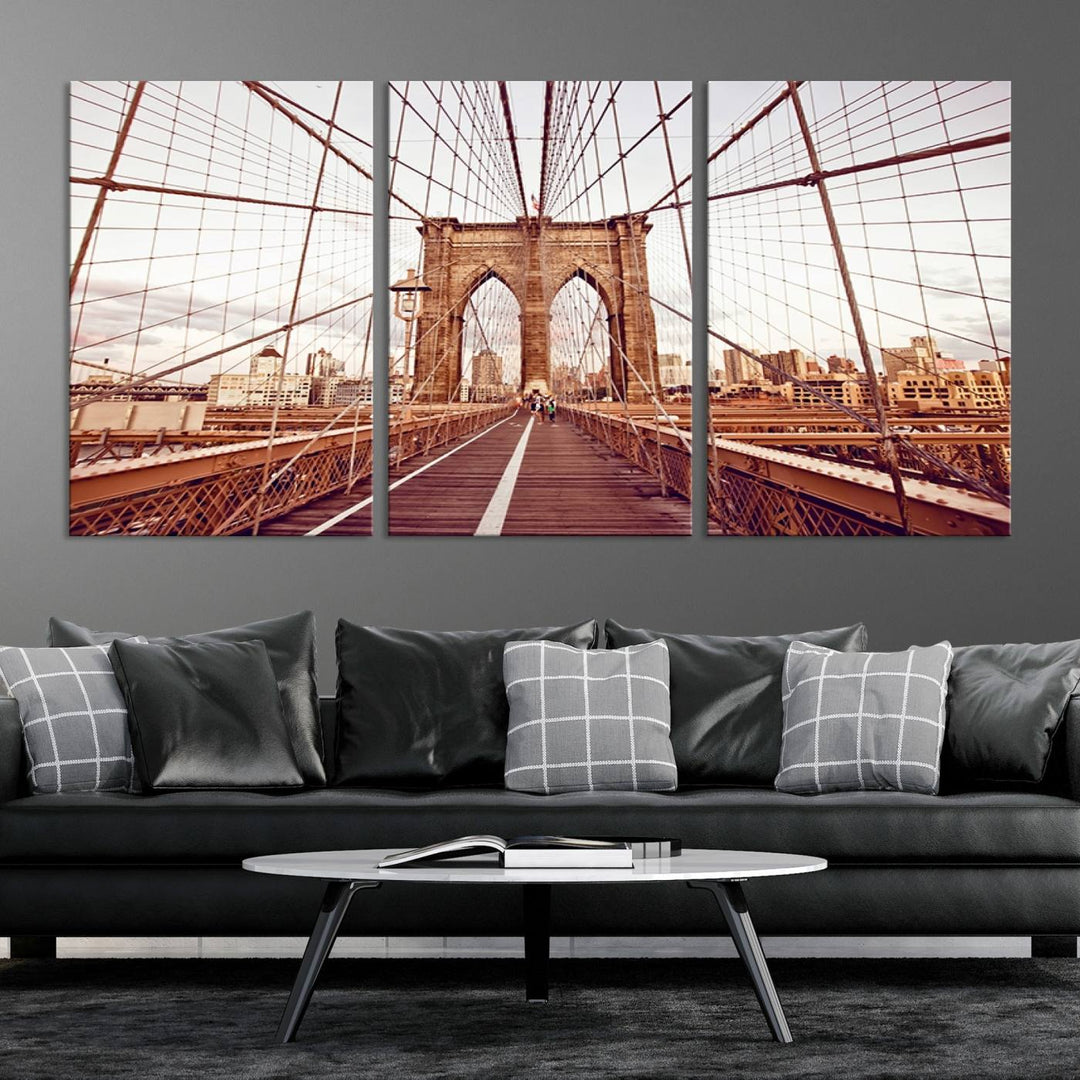 The three-panel "Wall Art New York Manhattan Cityscape Canvas Print" of the Brooklyn Bridge makes an ideal addition to minimalist interiors, capturing the essence of abstract expressionism.