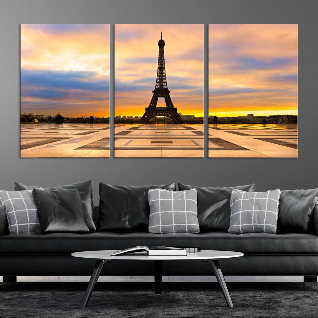 The "Paris Eiffel Tower Wall Art Canvas Prints" graces a wooden wall reminiscent of abstract expressionism.