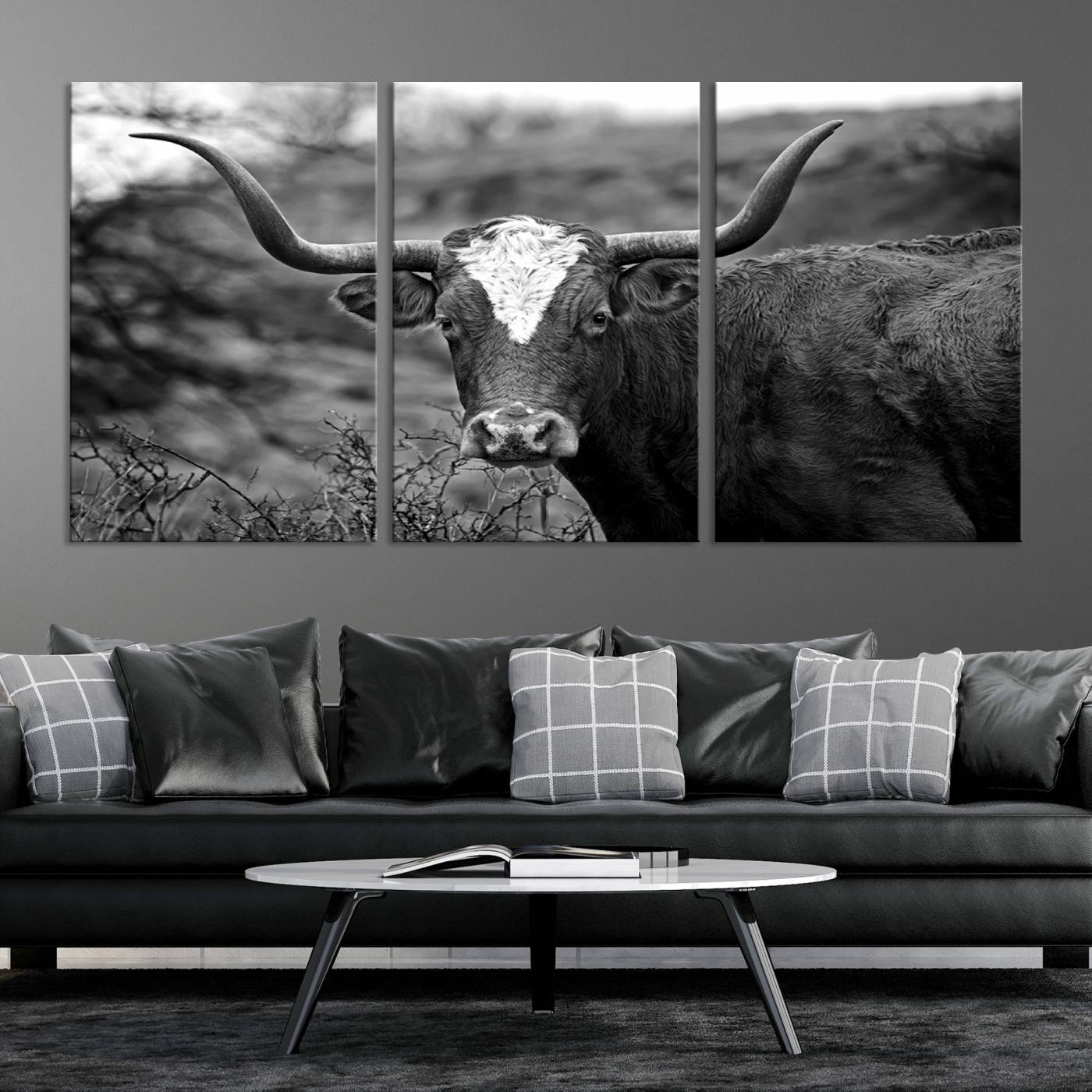 76200-MGV-CV-36X24-Western Home Wall Art Canvas Print, Framed Texas Longhorn Art Picture Print, Rustic Cow Perfect Rustic Farmhouse Decor Artwork