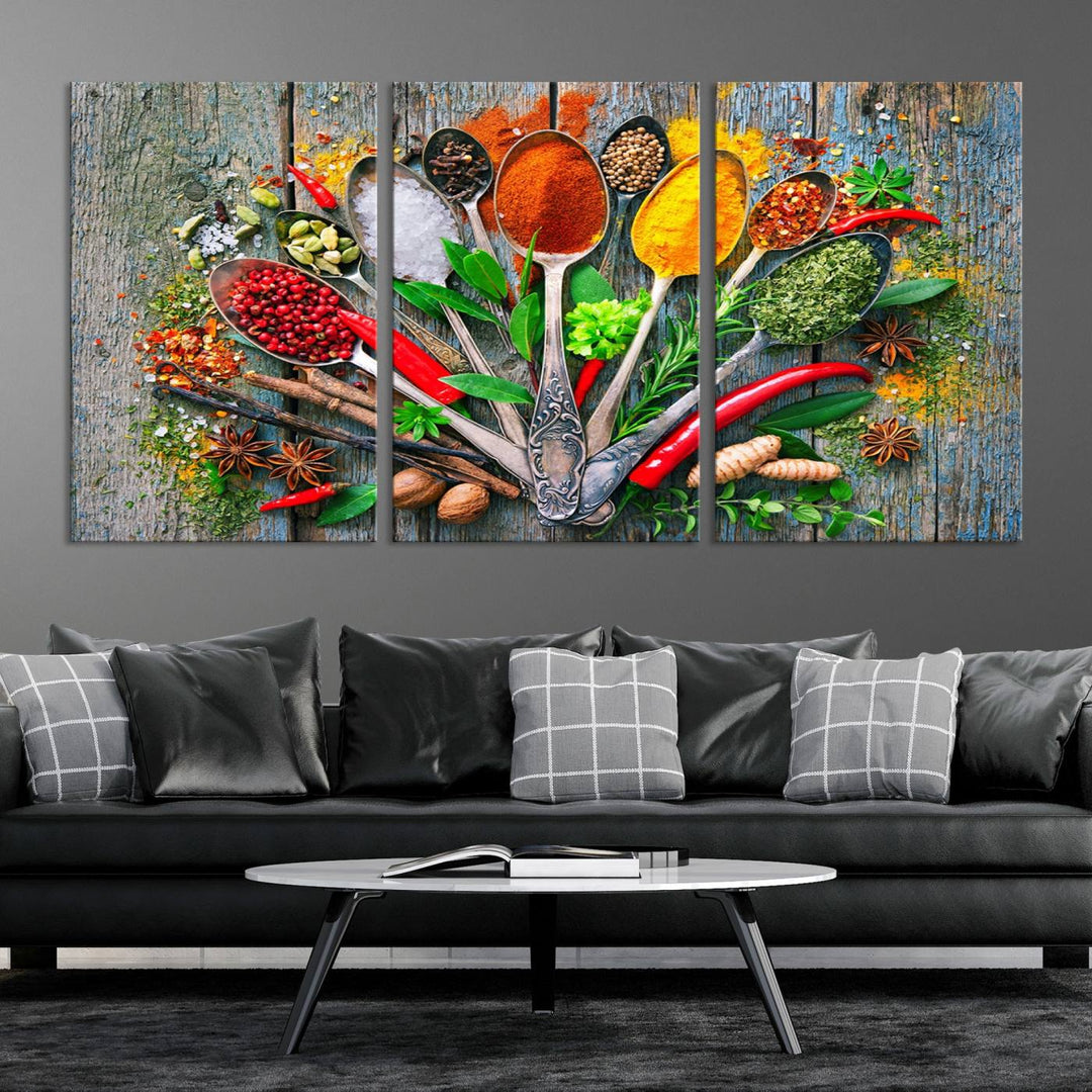 Vibrant Spoonful of Spices kitchen wall art canvas, a culinary triptych ideal for any dining room decor.