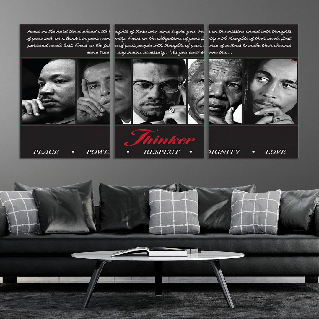 Thinker Wall art, Martin, Obama, Malcolm X, Mandela, Marley, Thinker Quintet Peace Power Respect Dignity Love Canvas Print, African Art Gift