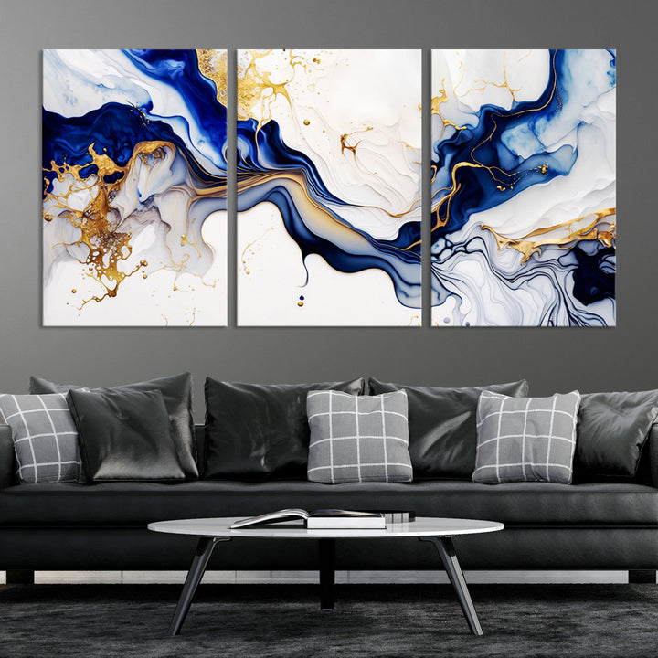 Golden Cascades on Midnight Blue – Abstract Flowing Elegance | Wall Art Canvas, Framed & Ready to Hang