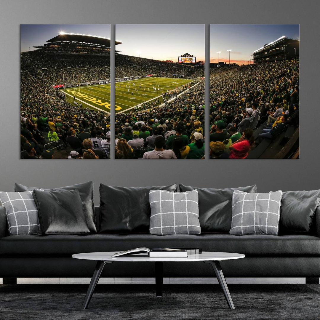 Autzen Stadium Evening Game Triple Canvas Wall Art - Oregon Ducks Football Match