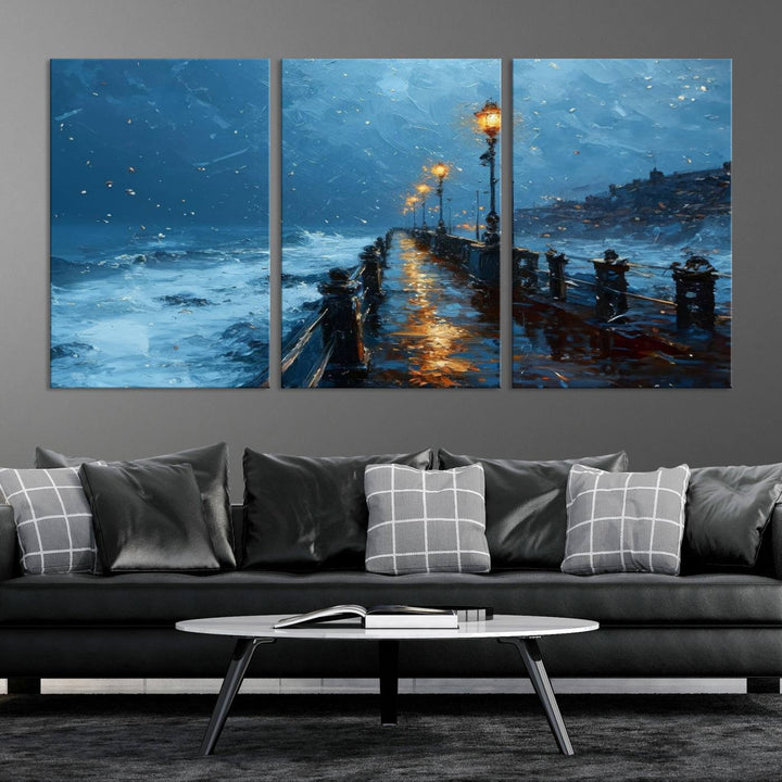 Framed 3-Panel Seaside Night Pier Oil Painting Canvas Wall Art | Ready to Hang Coastal Landscape Art for Modern Living Room, Office, or Bedroom Decor