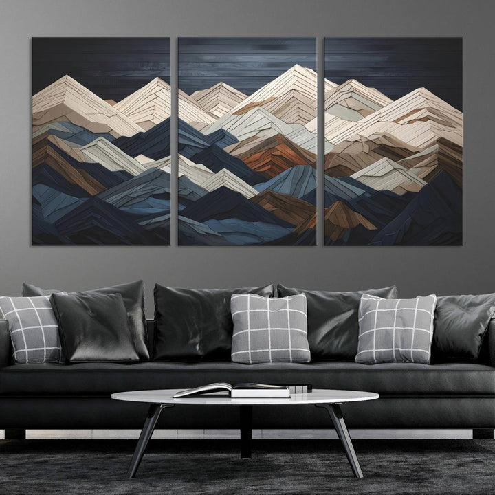 Wood Style Mountain Range Wall Art - Ready to Hang 3-Piece Set for Modern Rustic Decor, Abstract Wooden Design for Living Rooms, Bedrooms & Offices