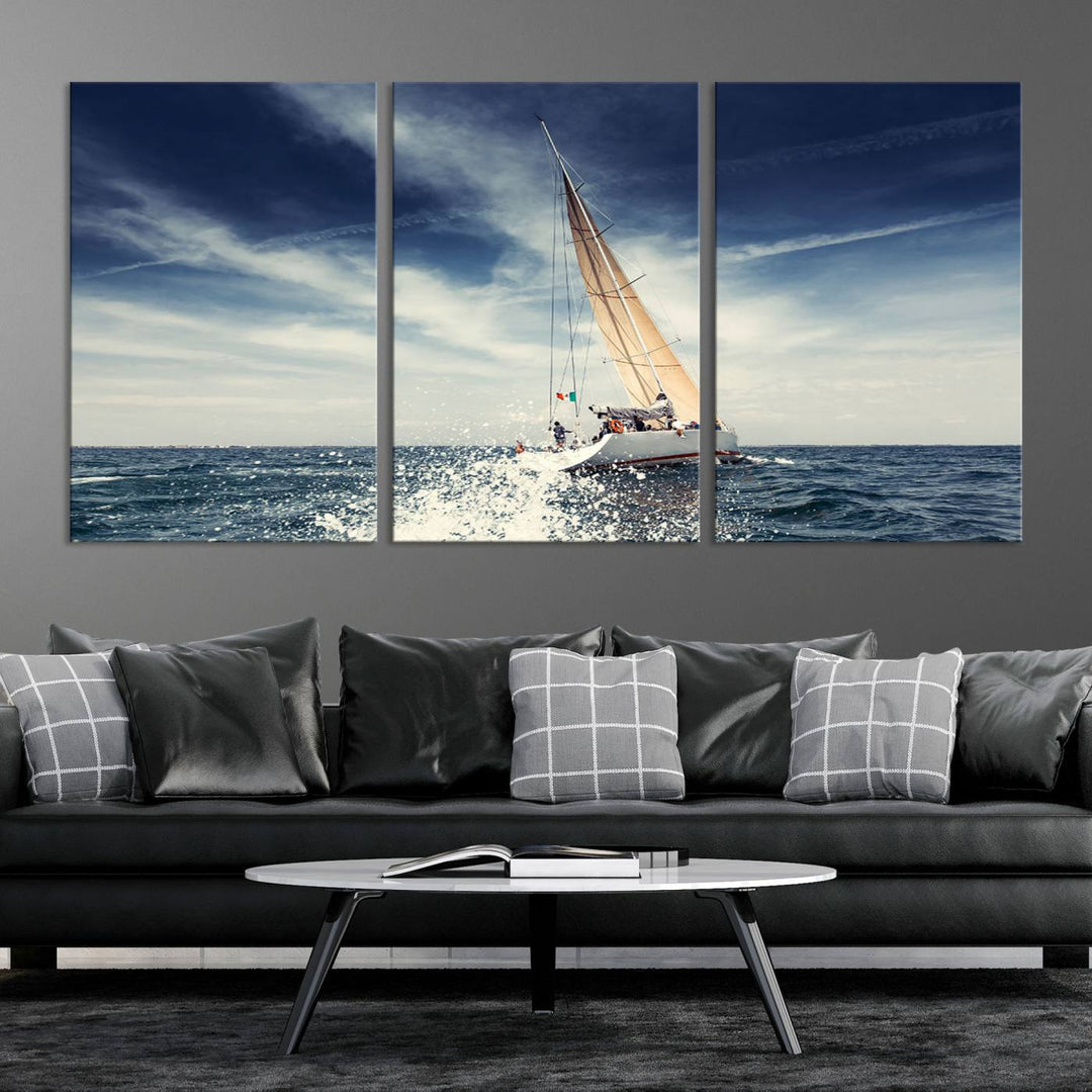 Sailboat Ocean Beach Blue Sky Wall Art Canvas Print