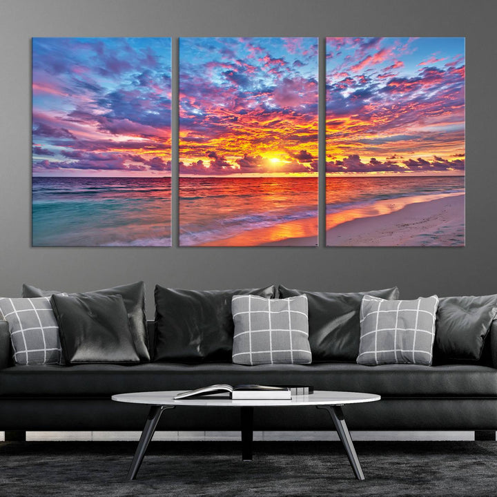 Vibrant Sunset Beach Wall Art | Ocean Sunset Canvas Print | Coastal Wall Art Decor | Ready to Hang | Stunning Sunset Scene for Home or Office Decor